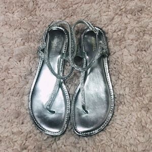 T strap silver sandal with bling